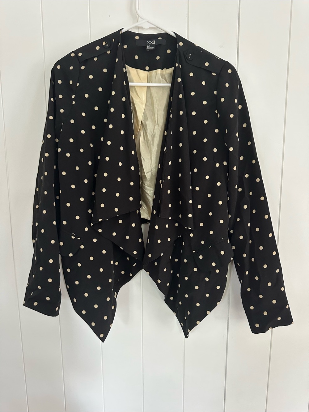 XXI Forever 21 Black and Cream Polka Dot Draped Open Front Blazer